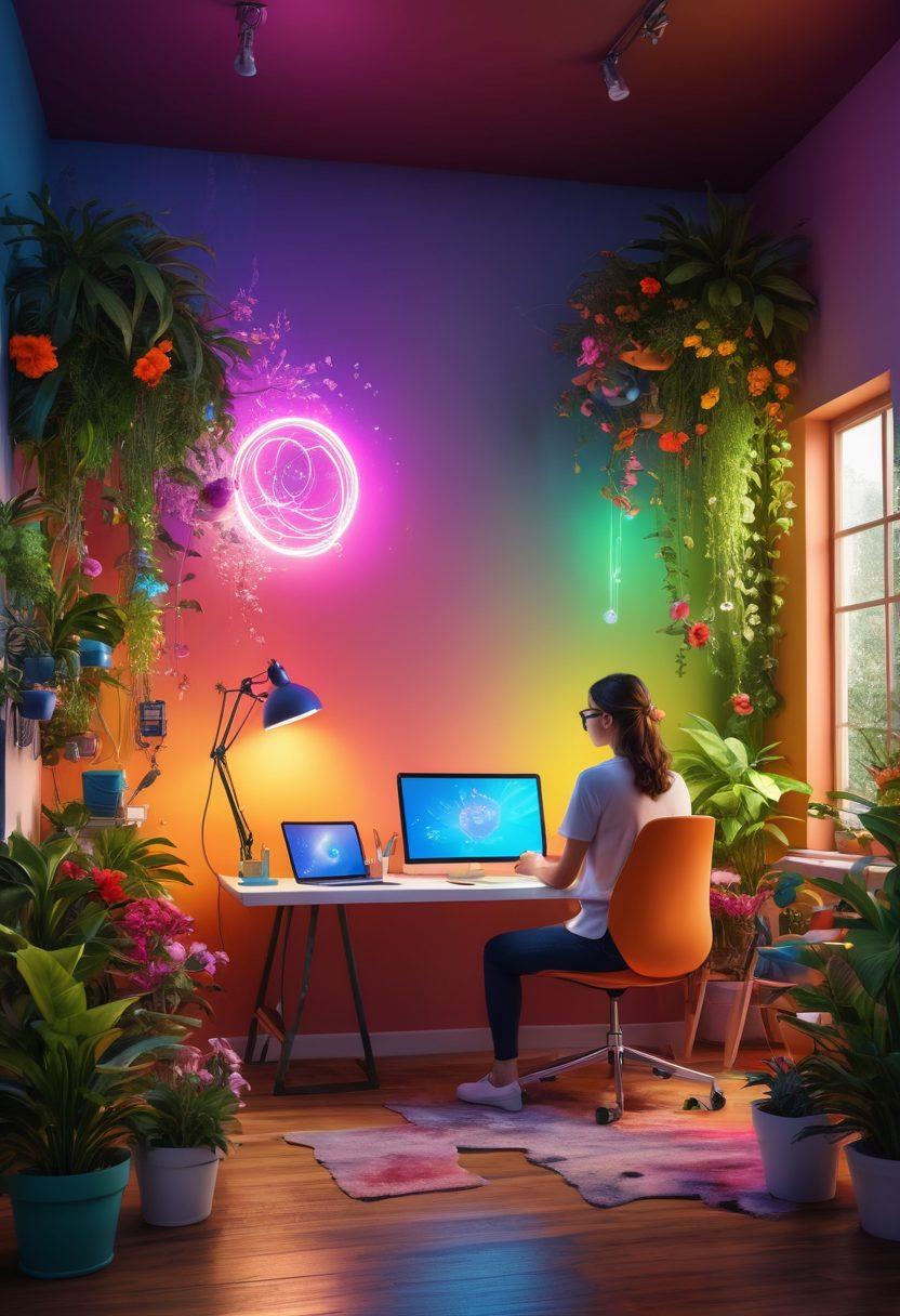 A person sitting at a colorful digital workspace, surrounded by vibrant gadgets and blooming plants, with light beams symbolizing creativity flowing around them. The setting has abstract art on the walls and screens displaying imaginative designs and ideas. Illustrate a harmonious blend of technology and nature, highlighting inspiration and productivity. super-realistic. vibrant colors. 3D.