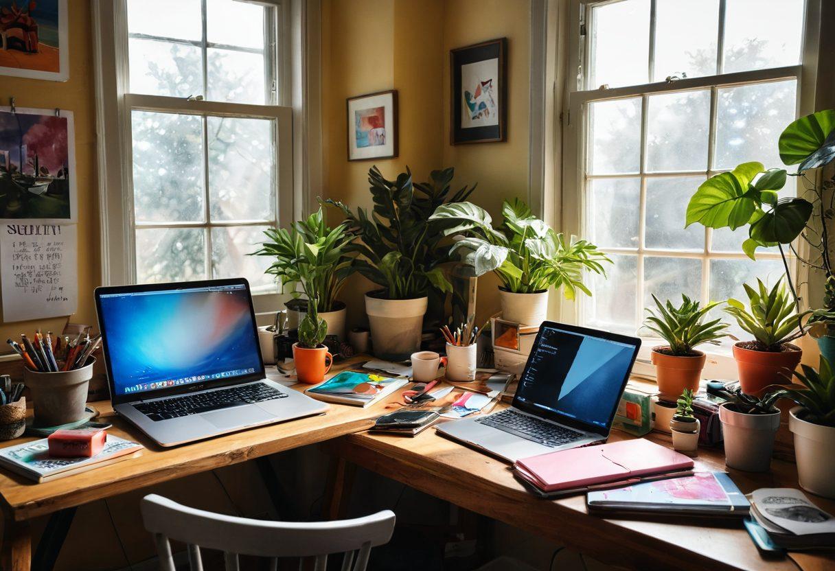 A vibrant, artistic workspace filled with colorful art supplies, sketchbooks, and a laptop displaying creative content. Sunlight streams through a window, illuminating a cozy nook with house plants and inspirational quotes on the walls. A steaming cup of coffee sits beside a colorful palette, symbolizing creativity and inspiration. The overall atmosphere should evoke a sense of warmth and motivation to boost creativity. super-realistic. vibrant colors. 3D.