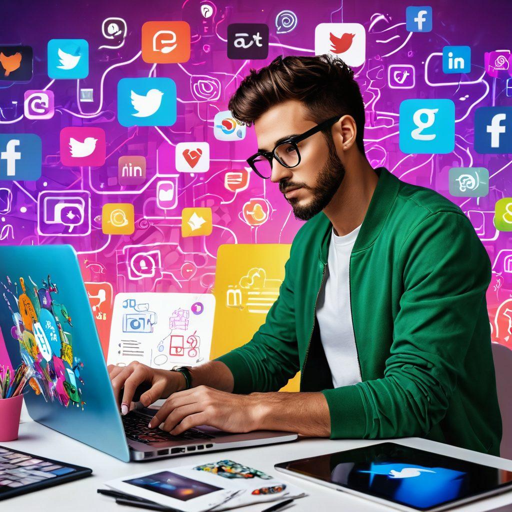 A dynamic scene depicting an artist at a digital canvas, creating a colorful and engaging online profile, surrounded by vibrant social media icons and tools of online presence like a laptop, smartphone, and creative sketches. The background showcases a digital world filled with bright neon colors and illustrations of social networks glowing. super-realistic. vibrant colors. white background.